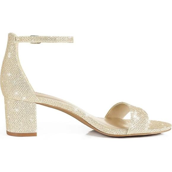 Pizz Annu Womens 6 Gold Glitter Ankle Strap 2" Block Heel Open Toe Sandal Shoes - Picture 3 of 7